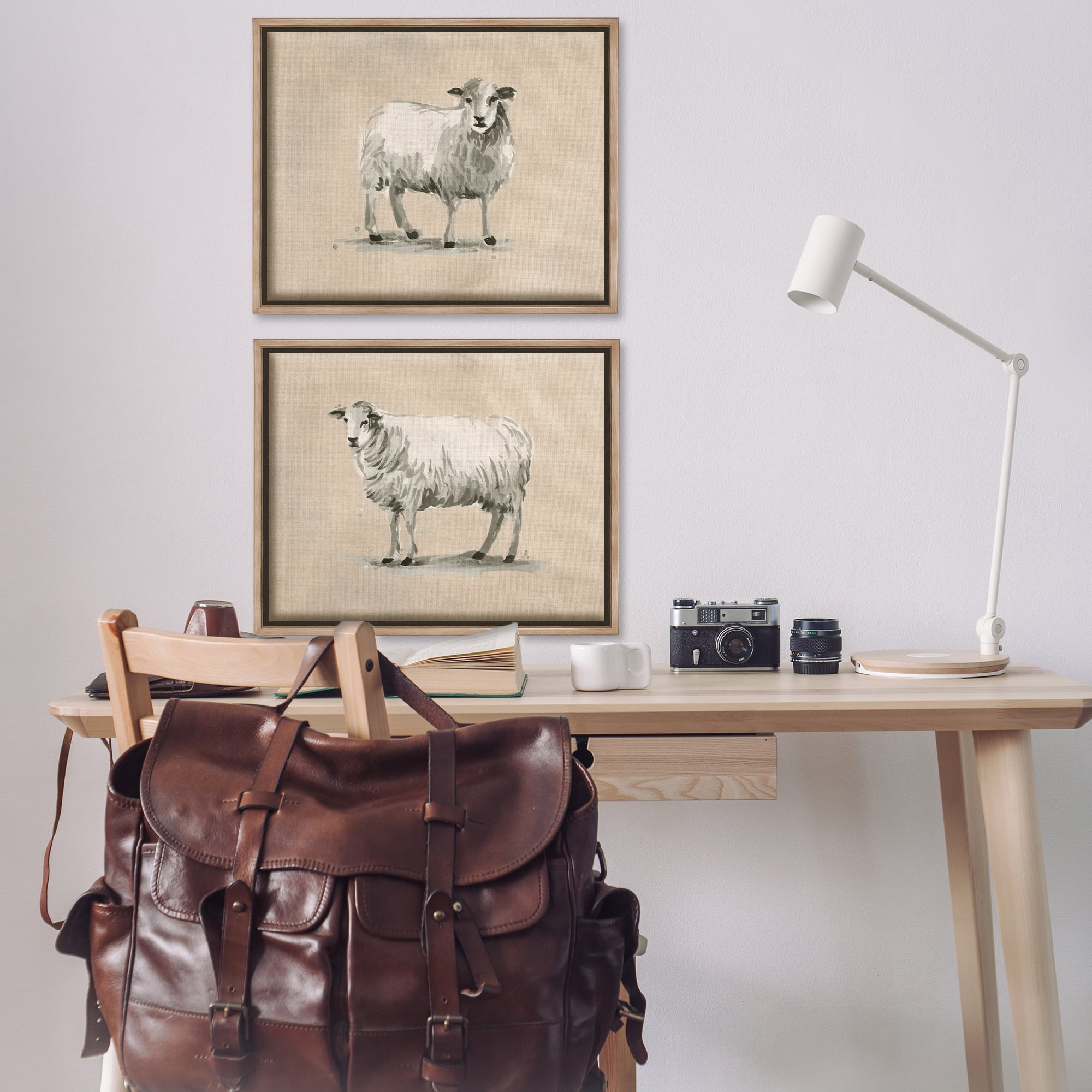 Stupell Industries Beige Sheep Portrait Animals Painting Brown Floater Framed Canvas Art Print Wall Art, 31 x 25, Set of 2