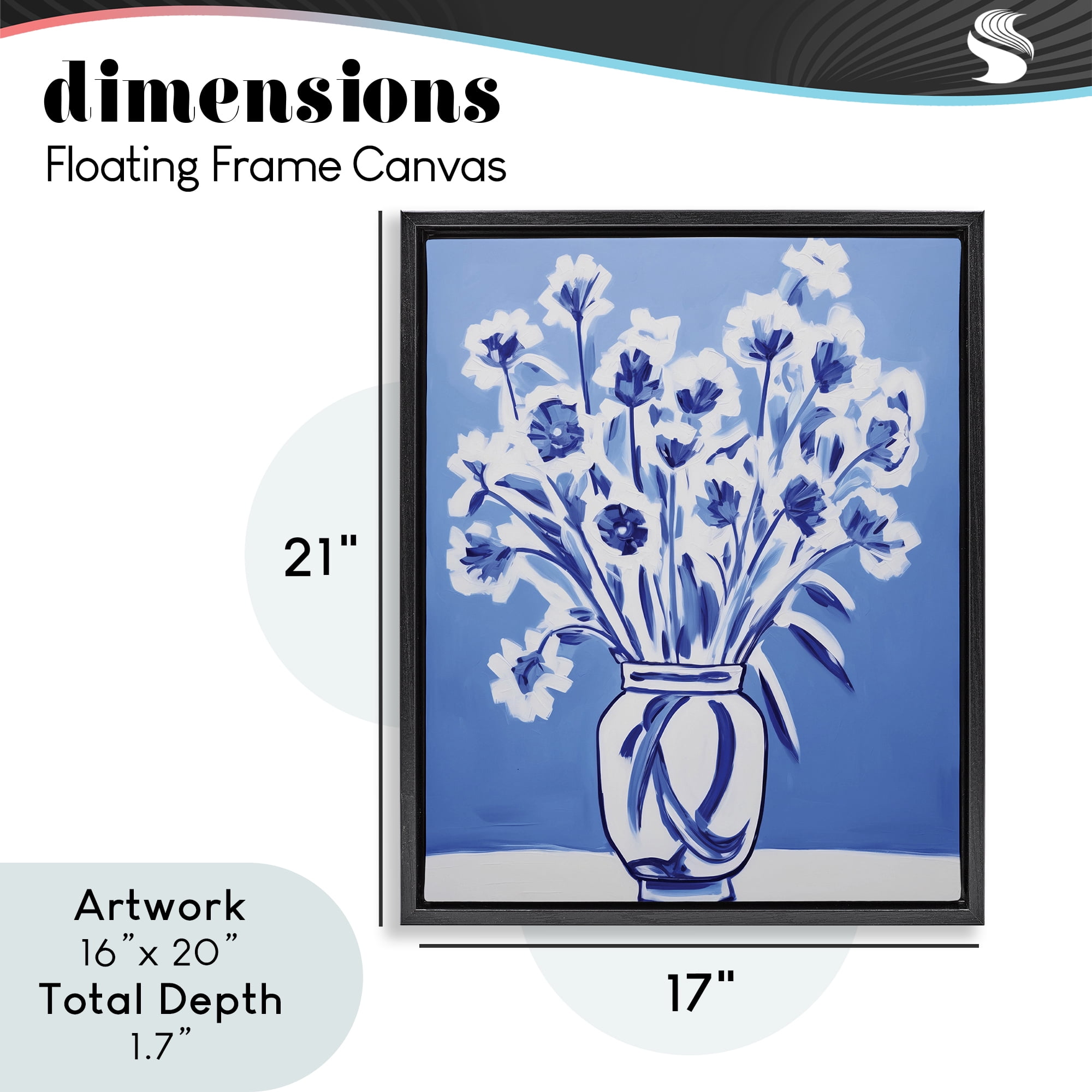 Blue & White Contrast Flowers Black Framed Floater Canvas Wall Art, design by Lettered and Lined