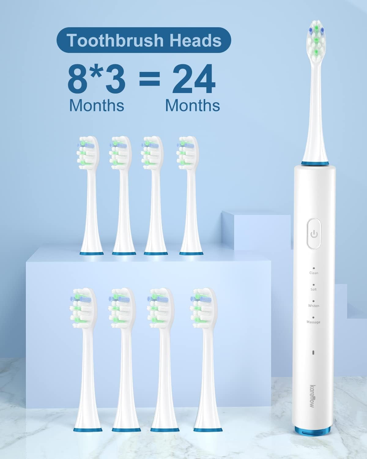 Karenow Electric Toothbrush, 8 Brush Heads, 4 Modes, One Charge for 60 Days, 40000 VPM Rechargeable Power Toothbrush, IPX7 Waterproof Electric Toothbrush for Adults