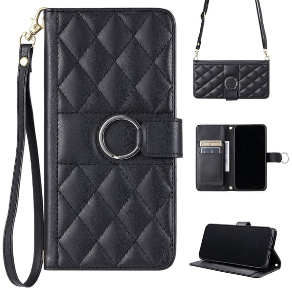 for iPhone 16 Pro PU Leather TPU Wallet Flip Case with Shoulder Wrist Strap, Credit Card Slots & Cash Slot Kickstand Luxury Shockproof Full Body Protection Magnetic Phone Case, Black