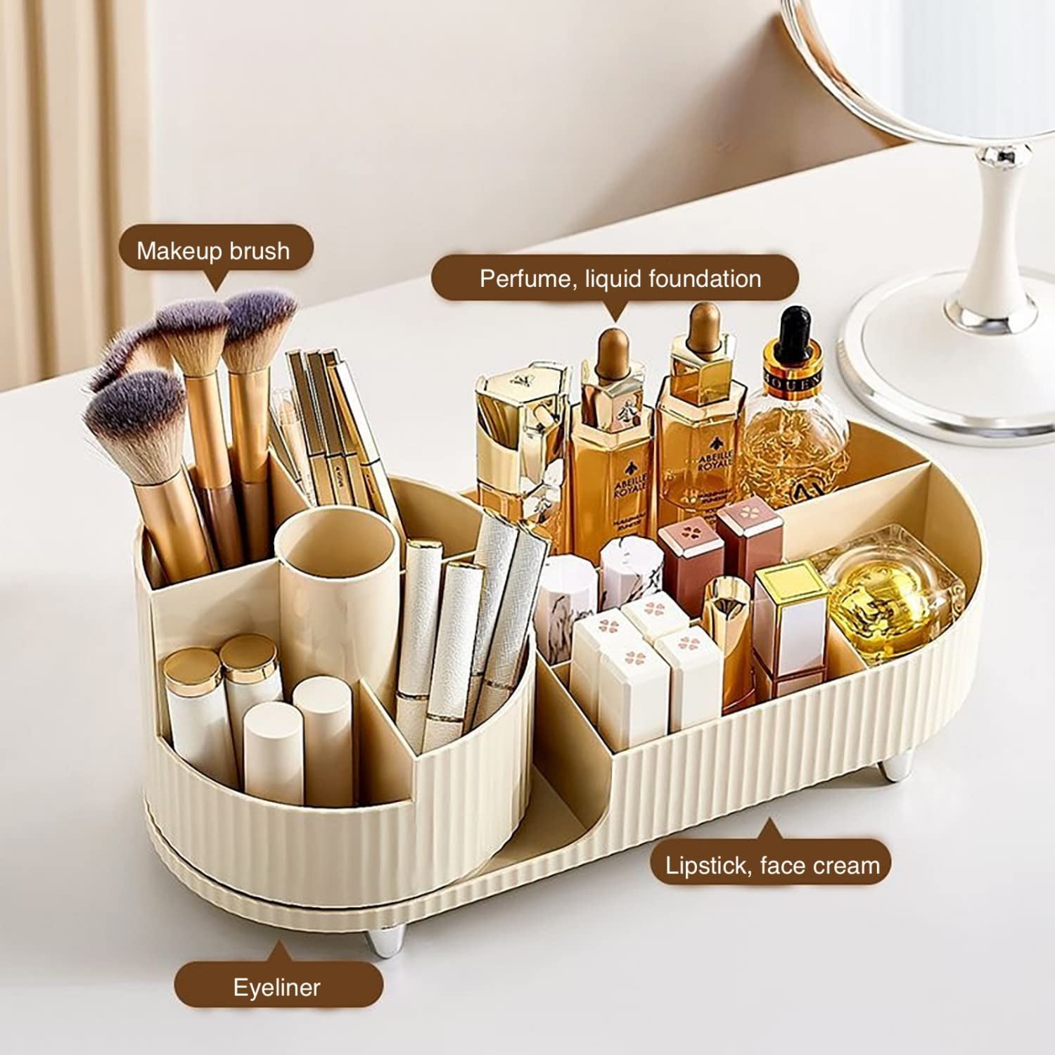 Govvep Makeup Organizer, Dresser Rotating Cosmetic Organizer with Brush, Holder for Perfume Jewelry Lipstick Makeup Skin Care Organizer, Ivory