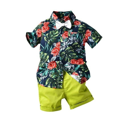 

Gentelman Suit for little Boy Baby Kids 2PCS Beach Outifit Set short sleeve bow tie Flower T-shirt Shorts set Yellow
