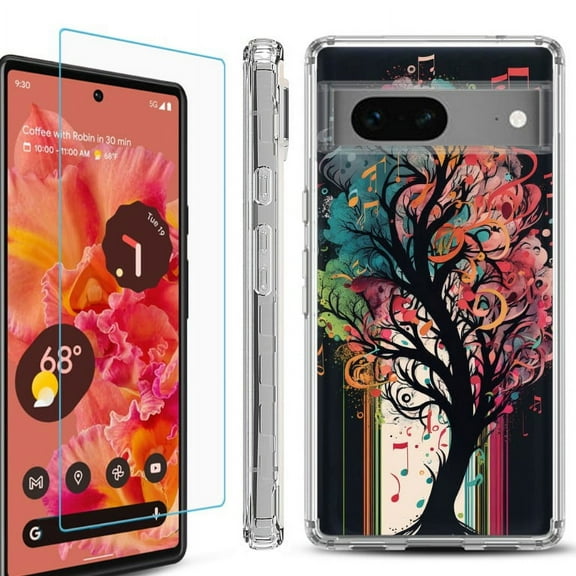 OneToughShield ® Compatible with Google Pixel 8, Shockproof Phone Case, with Tempered Glass Screen Protector - Musical Tree