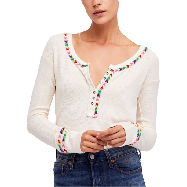Free People Camiseta Henley térmica bordada para mujer, color blanco roto, grande Free People henley