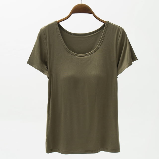Camiseta de mujer de manga corta con almohadilla para el pecho de verano, sujetador de color liso, media manga, se puede usar como camisa de fondo