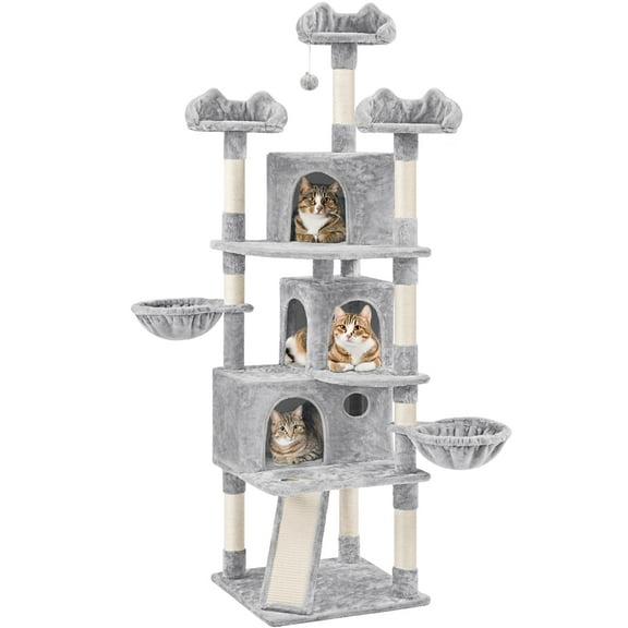 Yaheetech 76.4" Cat Tree Tower with 3 Condos and 2 Baskets, Light Gray