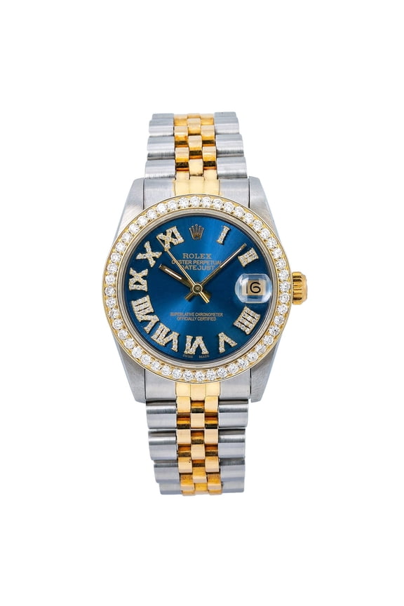 Pre-Owned Rolex Datejust 31MM 6824 Blue Roman Diamond Dial Diamond Bezel Two Tone Yellow Gold Jubilee Bracelet