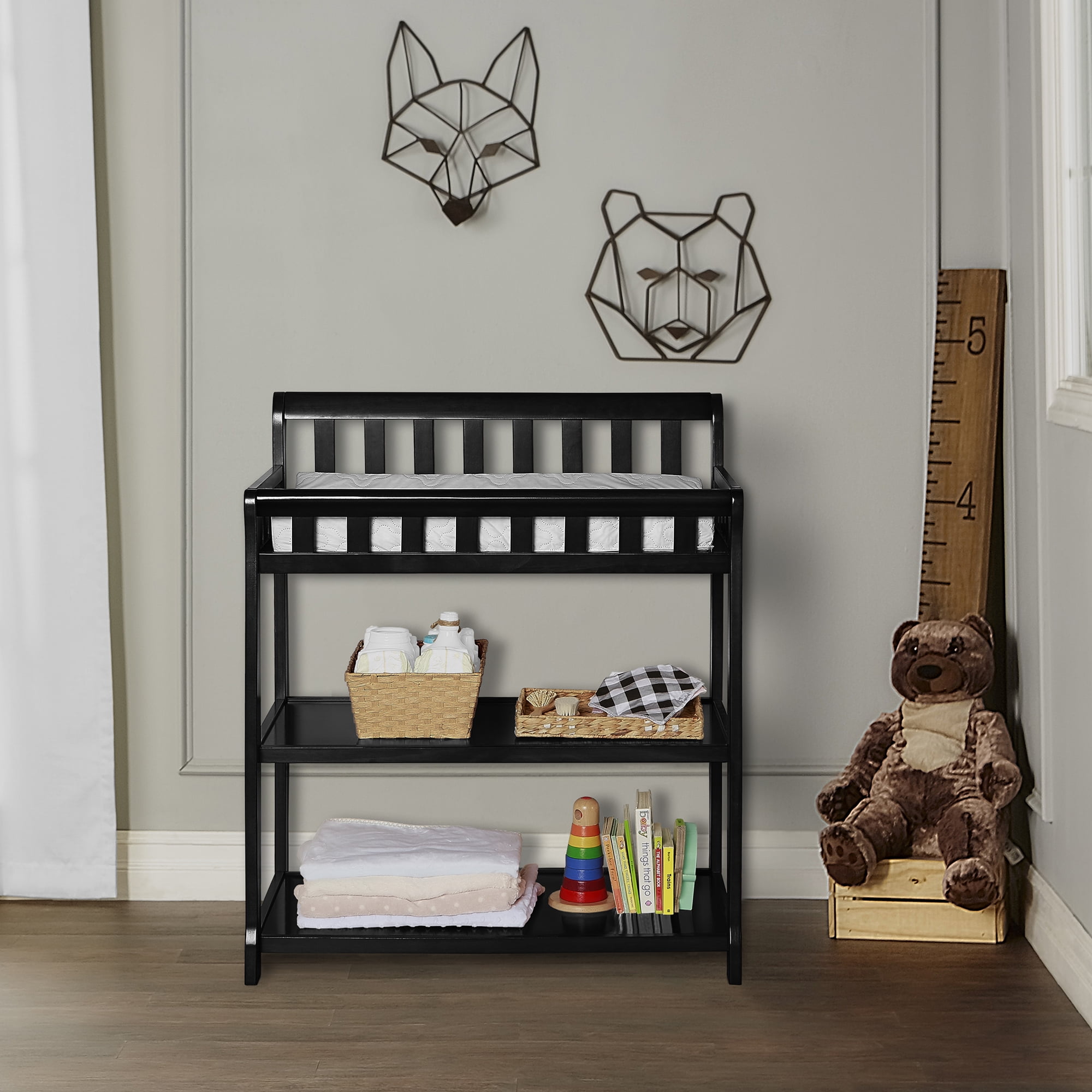 Nursery Essentials Bundle of Dream On Me Aden Convertible 4 in 1 Mini Crib, Dream On Me Ashton Changing Table, with a Dream On Me Sunset 3” Extra Firm Fiber Portable Crib Mattress, Black