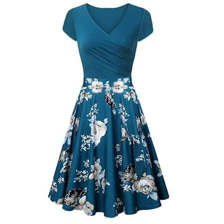 

Leesechin Womens Dresses Clearance Summer Floral Print Short Sleeve V-Neck Loose Dress
