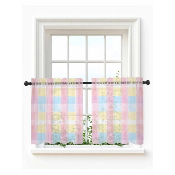 Colorful Plaid Tier Curtains 24 Inch Length,Sheer Curtains for Bedroom Living Room Window Modern Pink Blue Yellow Stripes Checked Small Half Window Kitchen Curtains & Drapes 27.5"x24" 2 Panels