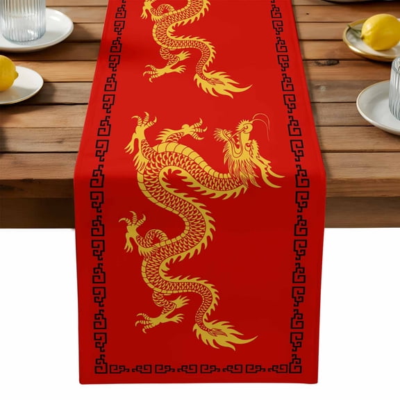 New Year Glod Dragons Table Runner, Red Oriental Traditional Ethnic Classical Washable Kitchen Table Runners Dress Scarves for Dining Table Decorations Party, 13x72in