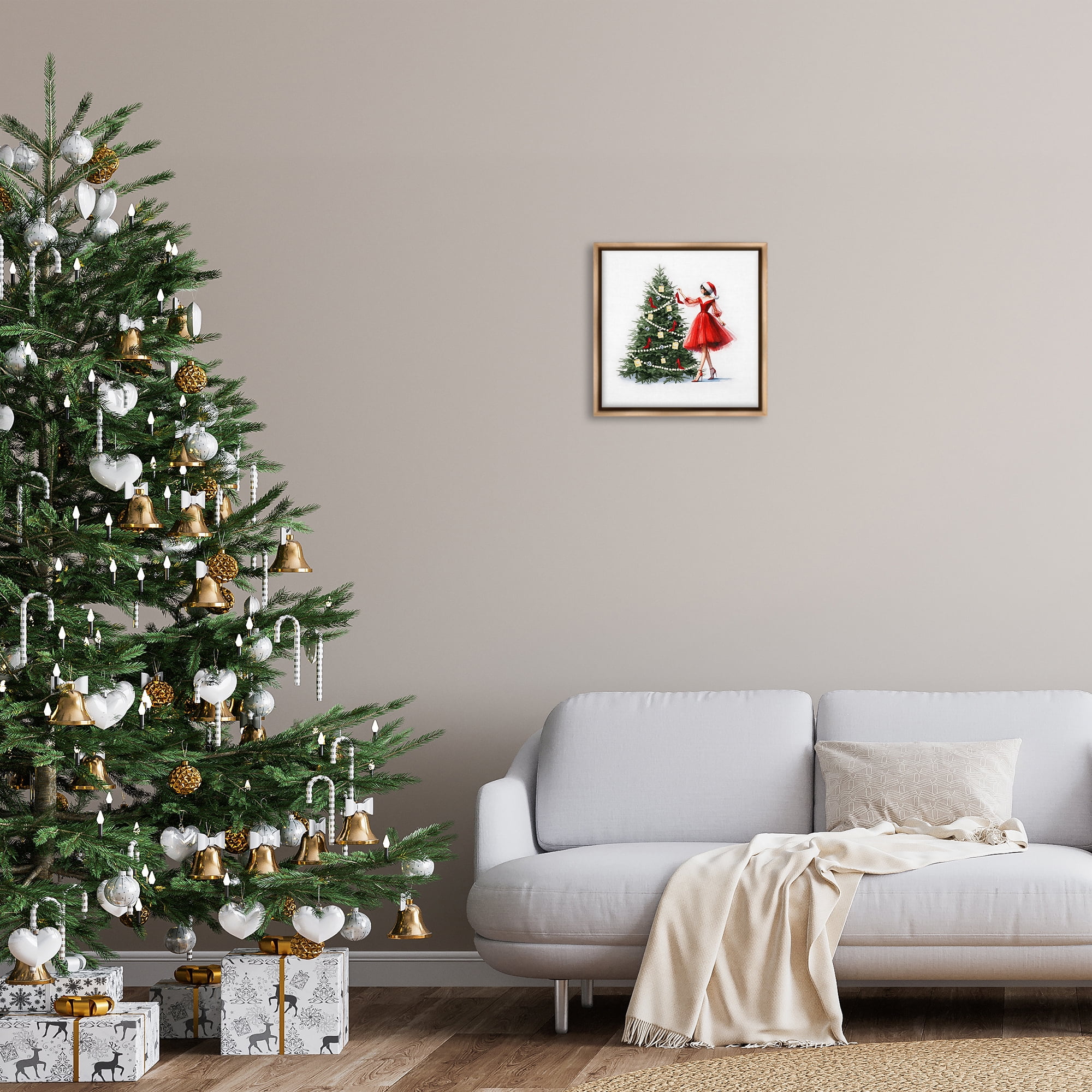 Stupell Industries Holiday Tree Glam Accessories Holiday Painting Brown Floater Framed Canvas Art Prints Wall Art, 18 x 18