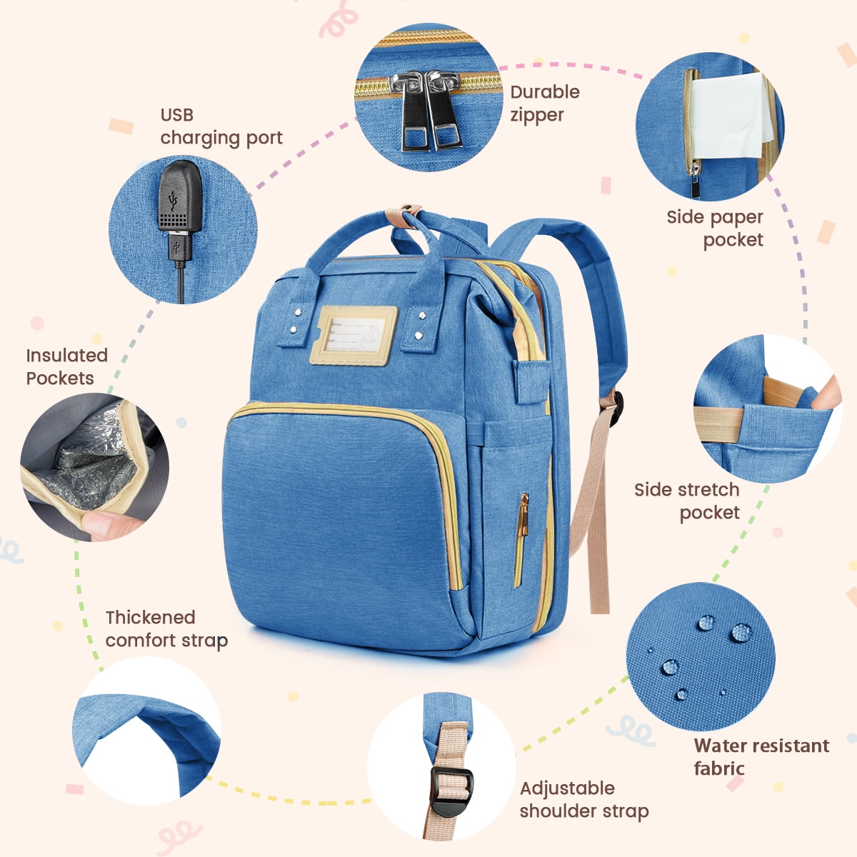 Diaper Bag Backpack, Multifunctional Baby Changing Bag with Foldable Crib & Insulated Milk Bottle Pocket, Large Capacity Travel Backpack with USB Charging Port & Stroller Strap (Blue)