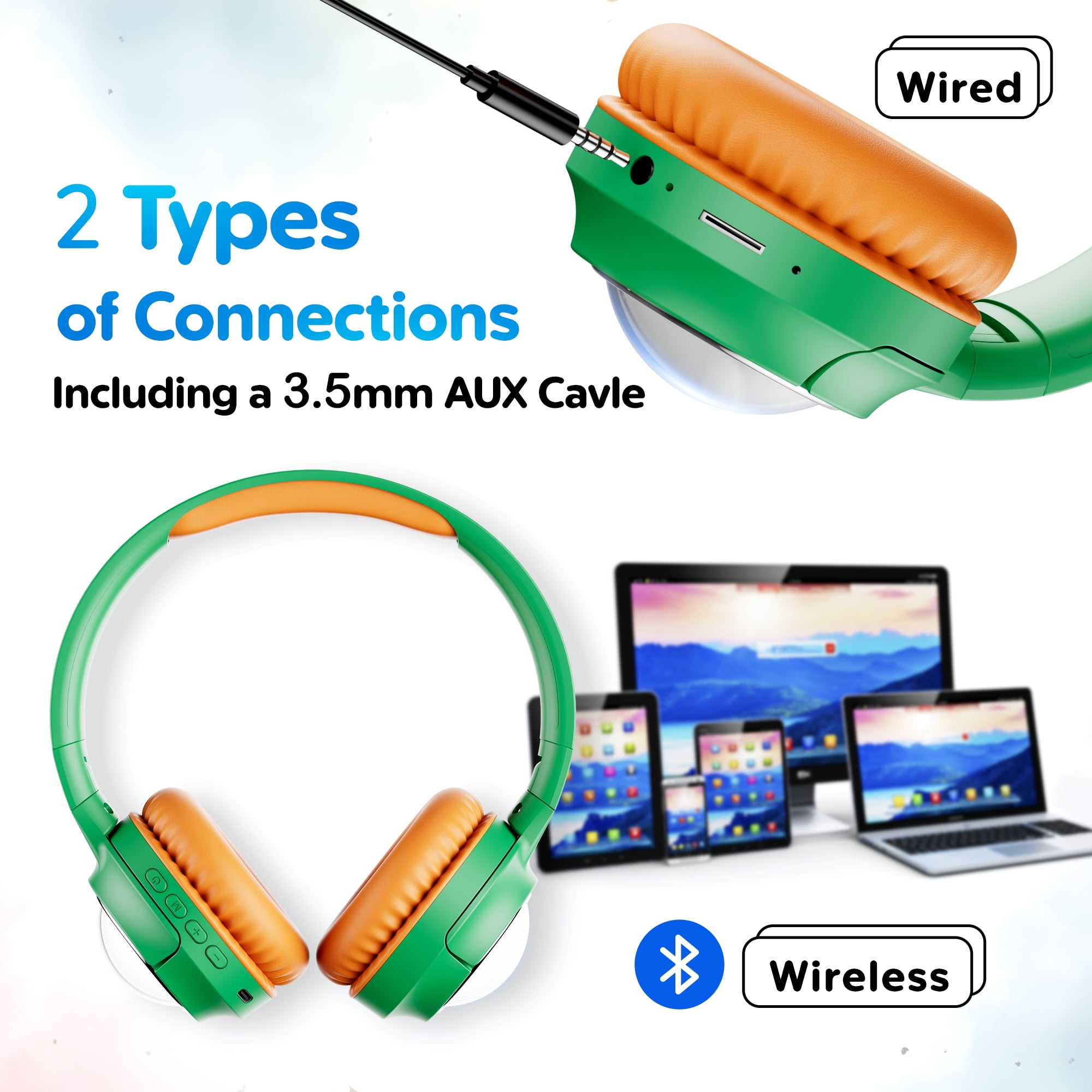 Contixo Foldable Kids Headphones with Microphone, Noise-Limiting Bluetooth Headphones, Green