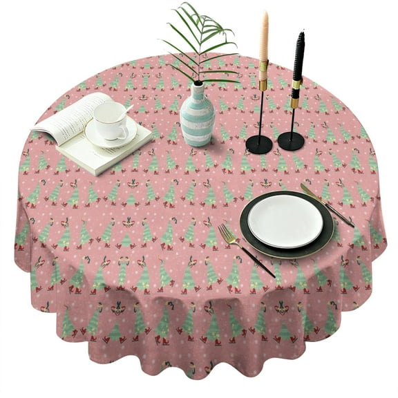 Pink Christmas Tree Pattern Round Tablecloth 60"x60",Wrinkle Wipeable Table Cloth for Kitchen Dining Room Picnic Patio Party