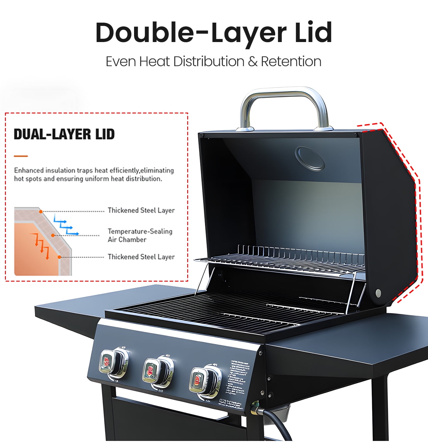 Brand-Man Grills Propane Gas 3 Burner Grill with Side Table for BBQ, Outdoor Cooking Grill with Wheel