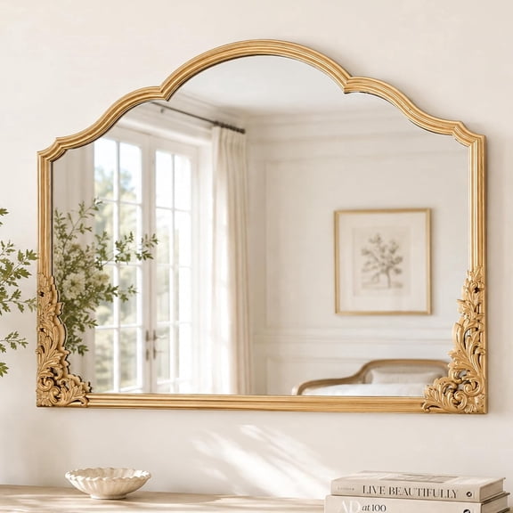 Saliwa 40 x 30 Inch Gold Scalloped Wall Mirror, Arched Wooden Frame Decorative Mirror for Bathroom and Bedroom