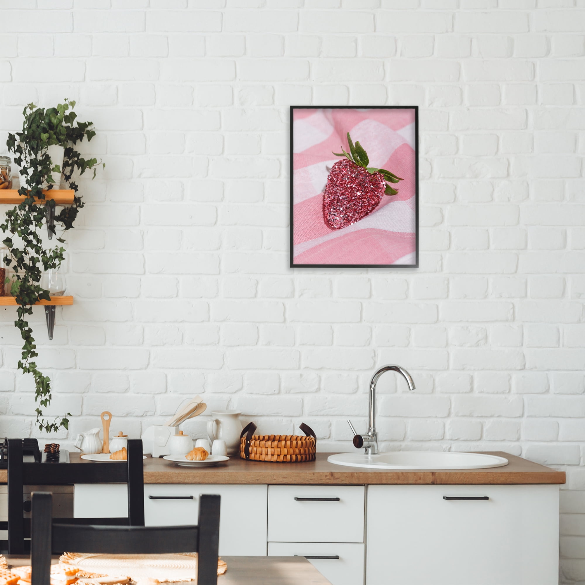 Stupell Industries Glimmer Strawberry on Pink Black Framed Giclee Art, design by LISH Creative