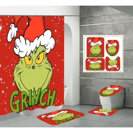 4PCS Christmas Grinch shower curtain bathroom toilet mat set