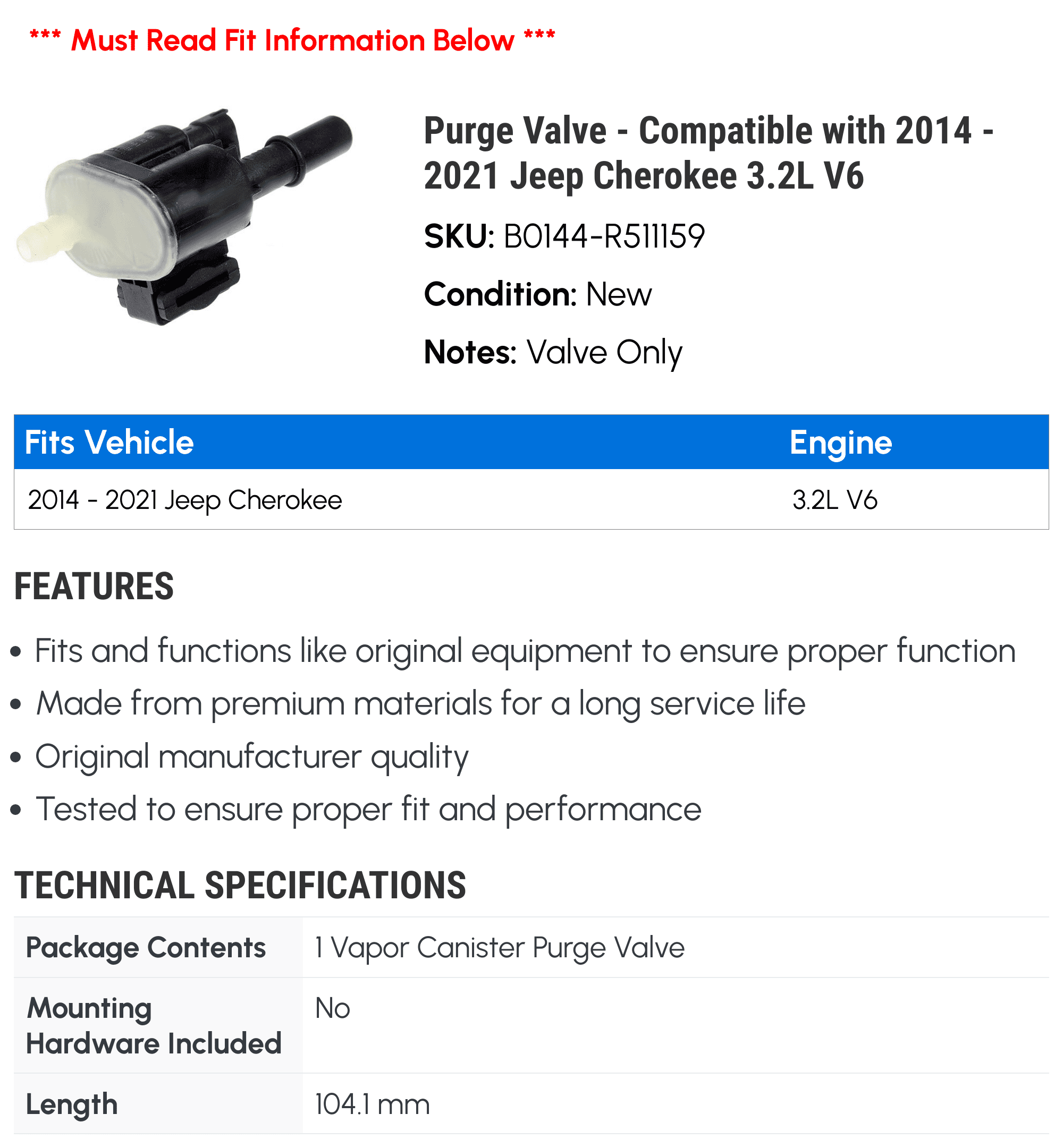 Purge Valve - Compatible with 2014 - 2021 Jeep Cherokee 3.2L V6 2015 2016 2017 2018 2019 2020