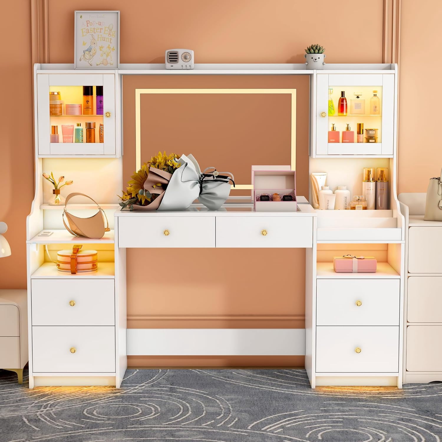 Pipleo 62" Large White Vanity Desk with Glass Top, Makeup Vanity with Mirror and LED Lights, One Piece Controls 3 Lighting Modes, 4 Drawers Vanity with 2 Cabinets and Power Outlet for Women, Girls