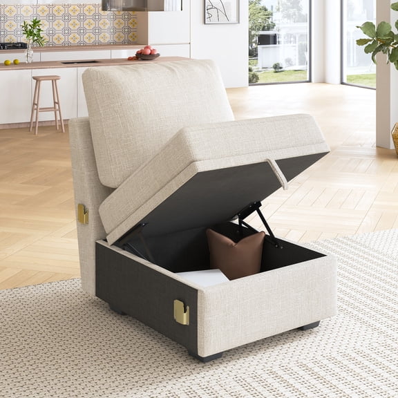 HONBAY Single Seat with Storage for Modular Sectional Sleeper Sofa, Linen Beige