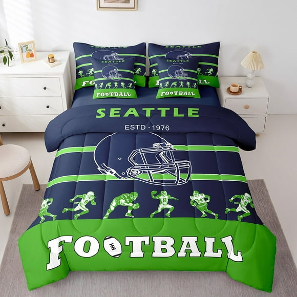 YST King Comforter Set 7 Pieces,Reversible Bed in a Bag King, Ultra Soft King Bedding Set with Boys Football Comforter, Flat Sheet, Fitted Sheet, Pillowcases, Pillow Shams(Seattle)