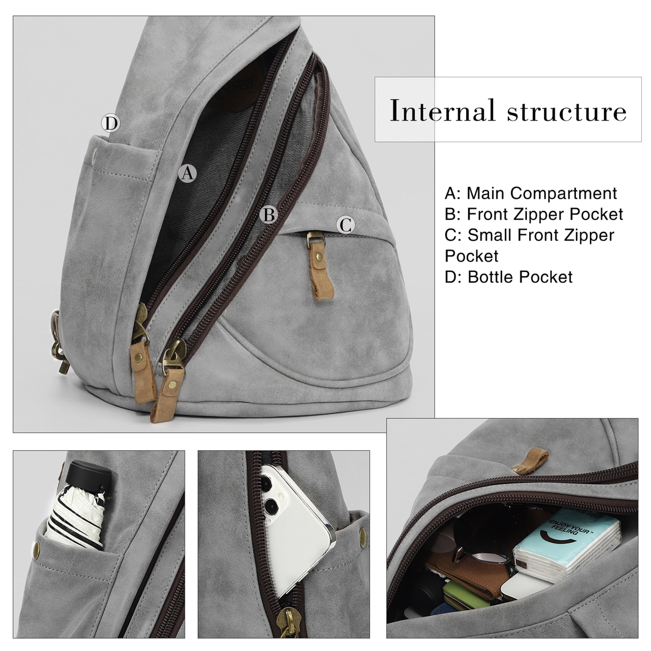KL928 Vintage Leather Fanny Packs,Multi-pockets Sling bag for Men and Women,Grey