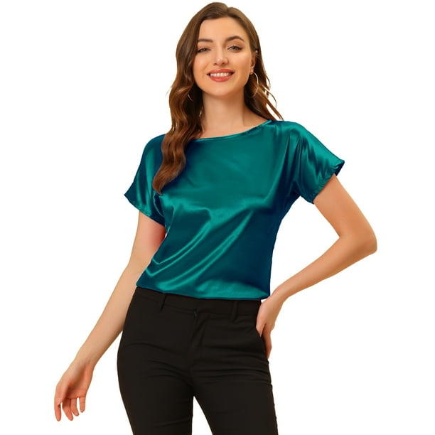 INSPIRE CHIC Blusa Elegante De Satén Para Mujer, Manga Corta, Cuello Barco, Estilo Vintage Verde S
