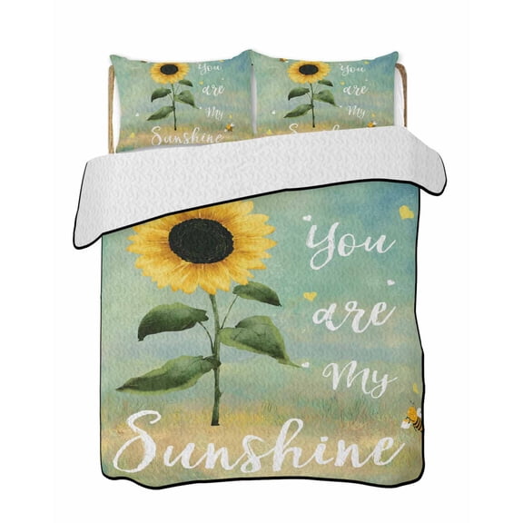 You Are My Sunshine Quilts Bedding Set Full Size Country Watercolor Sunflower Floral Bees Yellow Green Lightweight Quilted Bedspread 3 Piece Bed Quilt with 2 Pillow Shams for Bedroom 68" x 98"