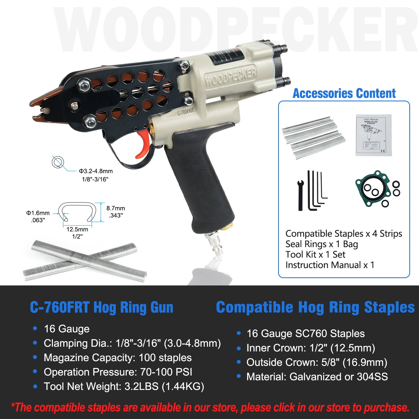 WOODPECKER Industrial Pneumatic Hog Ring Gun Type C C-760FRT Tying Chicken Cage