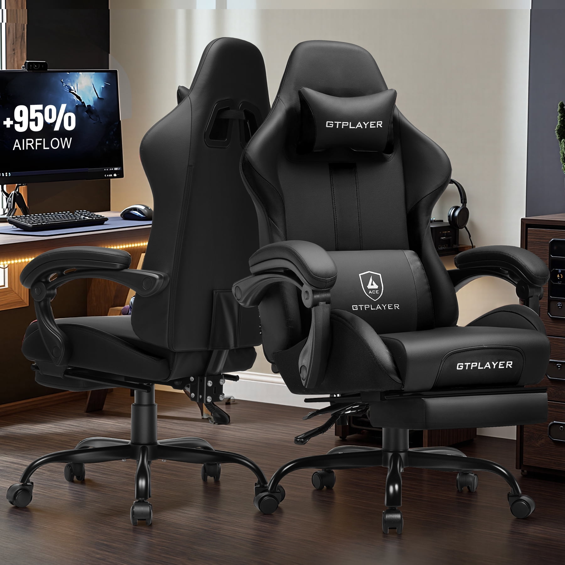GTPLAYER Ergonomic Gaming Chair with Footrest and Lumber Support for Adults, Black
