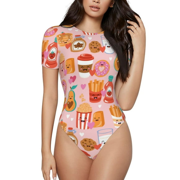KLL Funny Food for Women's Short Sleeve Bodysuit,Sexy Bodysuits One Piece Round Neck Bodysuit Shapewear Tummy Control-Medium