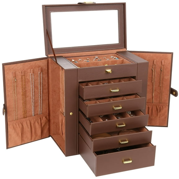 Kendal Brown Extra Large Jewelry Box Jewelry Case PU Leather 6 Tier 5 Drawers Large Storage Capacity with Mirror Jewelry Storage Organizer Great Gift Also Good For Watches