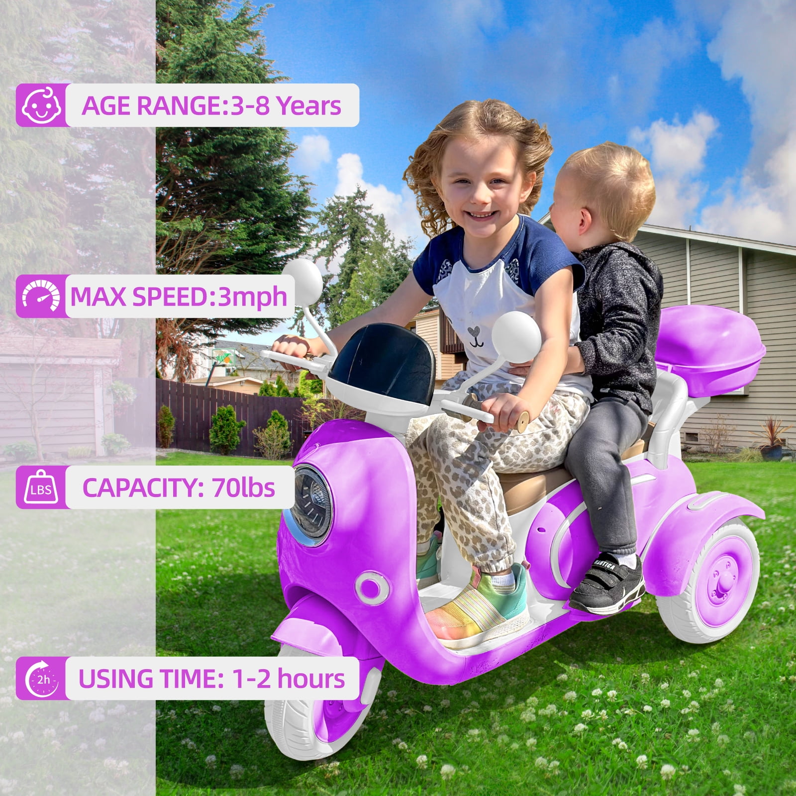 TCARAIWEN 12V Kids Electric Motorcycle Battery 3-Wheeler Tricycle w/Bluetooth Music LED Storage Box Purple