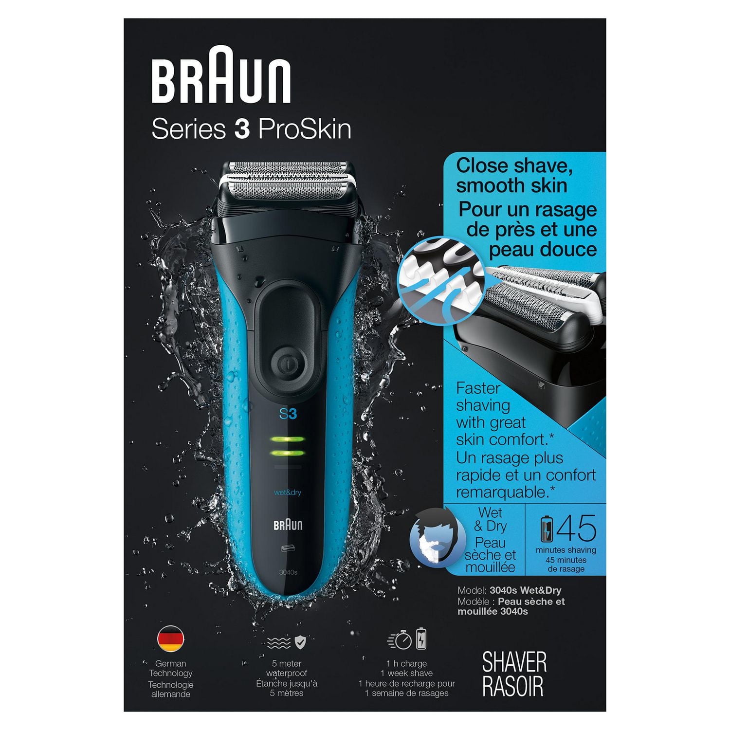 Rasoir électrique Braun Series 3 Proskin Shave&Style 3 en 1, peau sèche et mouillée pour hommes, rechargeable et sans cordon, noir/bleu 1CT
