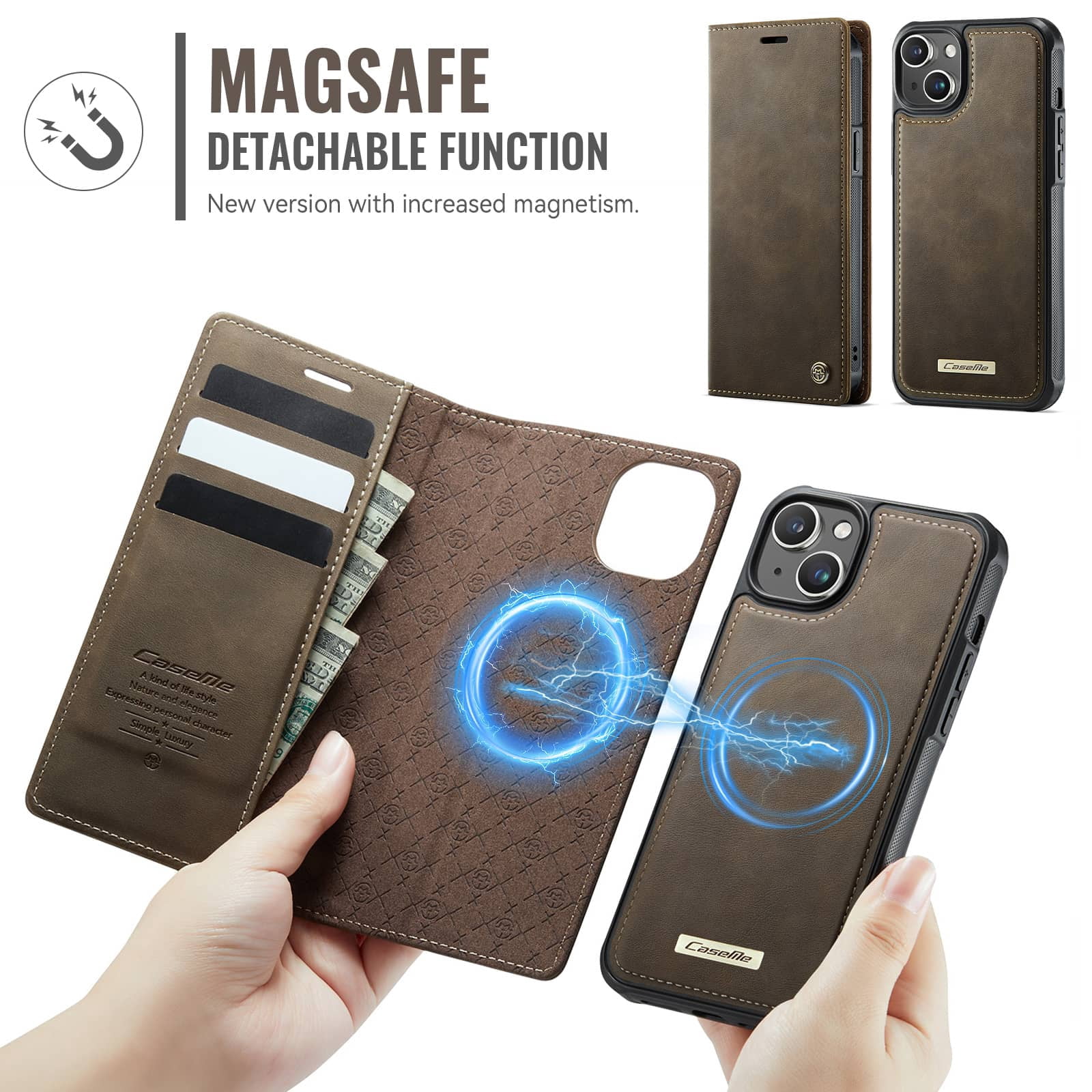Magnetic 2 in 1 Magsafe Detachable Wallet Case for iPhone 14 with Card Holder Women Men, Retro PU Leather【RFID Blocking】Kickstand Shockproof Cover