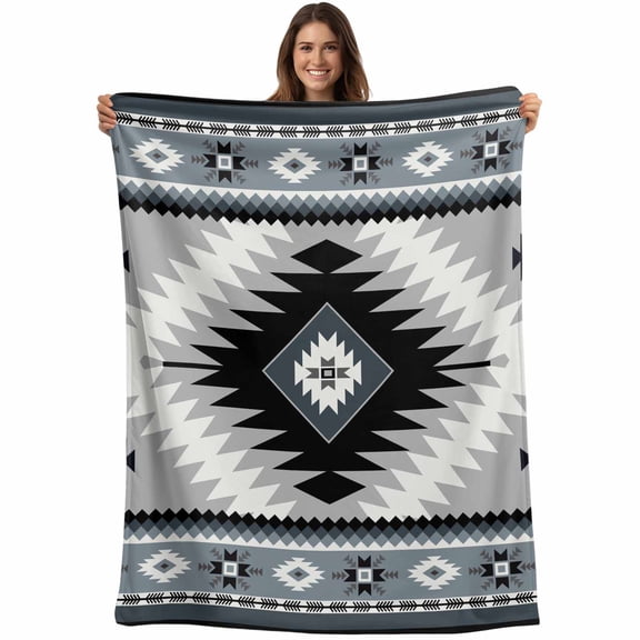 Haze Blue Boho Blanket Soft Cozy Warm Throw Blanket for Couch, Plush Fuzzy Flannel Fleece Blankets for Sofa, Farmhouse Retro Southwest Aztec Motifs Bed Blankets Lightweight Gifts for Women, 50"x80"