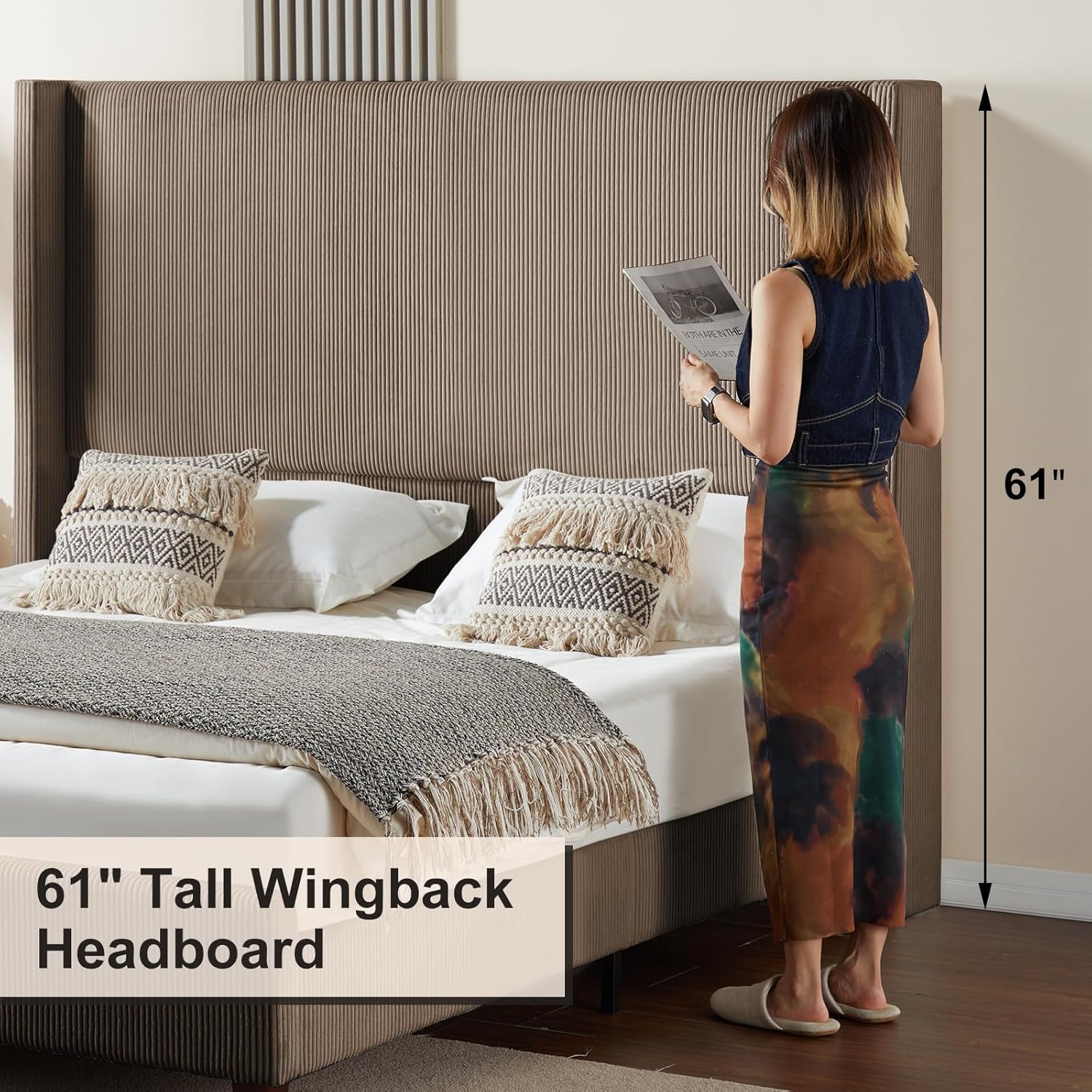 Amerlife King 61" Corduroy Upholstered Bed Frame with Wingback Headboard, Vertical Stripe, Brown