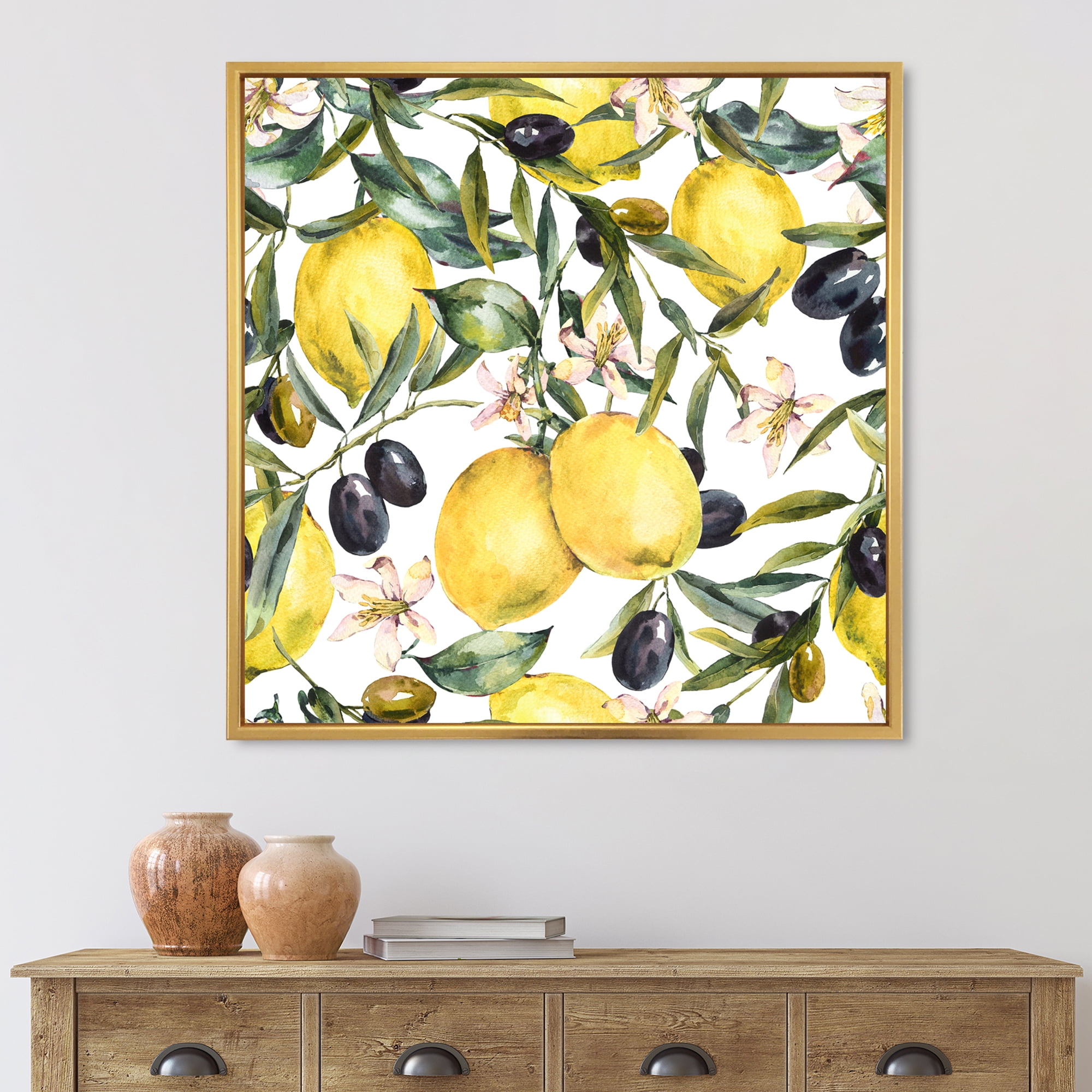 Designart 'Olive and Lemon Branches I' Tropical Framed Canvas Wall Art Print