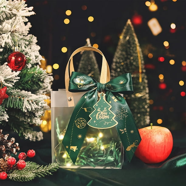 Bolsa de Regalo Navideña de Plástico Transparente, Verde, con Asa Dorada y Lazo Rojo | Mensaje Especial | Envoltorio de Juguete de Manzana de Caramelo | Bolsa de Regalo para Fiestas