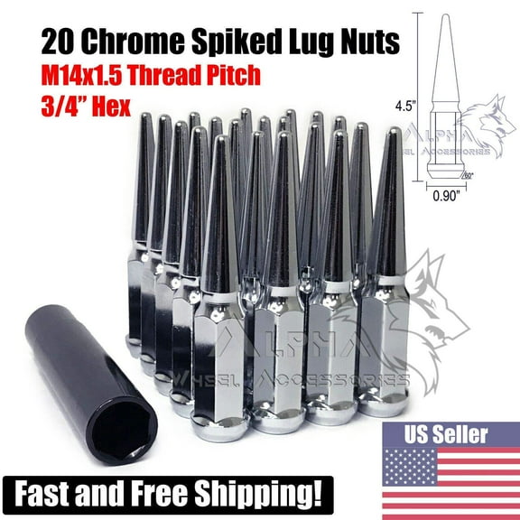 20 Chrome Spiked 3/4" Hex Lug Nuts 14x1.5 For 2012-2018 Ram 1500 All Trims   Key