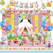 Easter Themed Party Decorations, Happy Easter Banner, Rabbit Egg Backdrop Tablecloth, Bunny Foil Balloons, Cake Topper, Printed Latex Balloons, Hanging Swirls for Home Office School