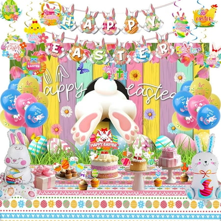 Easter Themed Party Decorations, Happy Easter Banner, Rabbit Egg Backdrop Tablecloth, Bunny Foil Balloons, Cake Topper, Printed Latex Balloons, Hanging Swirls for Home Office School