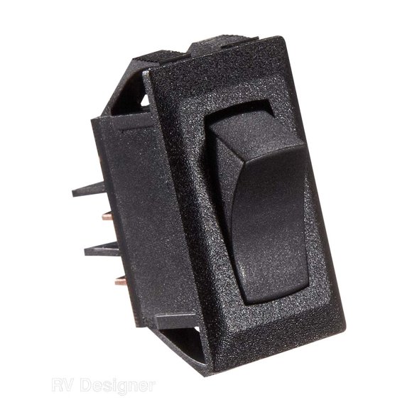 RV Designer Multi Purpose Switch S261 Use For Lighting/Water Heater/Water Pump; 10 Amp Max; Single Pole Single Throw SPST; Rocker; 0.550 Inch x 1.125 Inch Cutout; Black