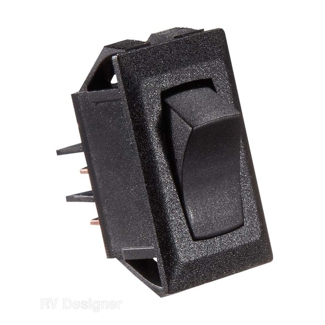 RV Designer Multi Purpose Switch S261 Use For Lighting/Water Heater/Water Pump; 10 Amp Max; Single Pole Single Throw SPST; Rocker; 0.550 Inch x 1.125 Inch Cutout; Black