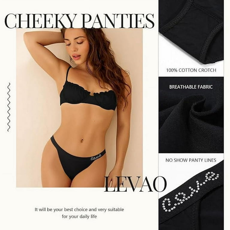 LEVAO Cotton Underwear Women Cheeky Panties Rhinestone Logo Low Rise String Bikini  Underwear 3 Pack S-XL 