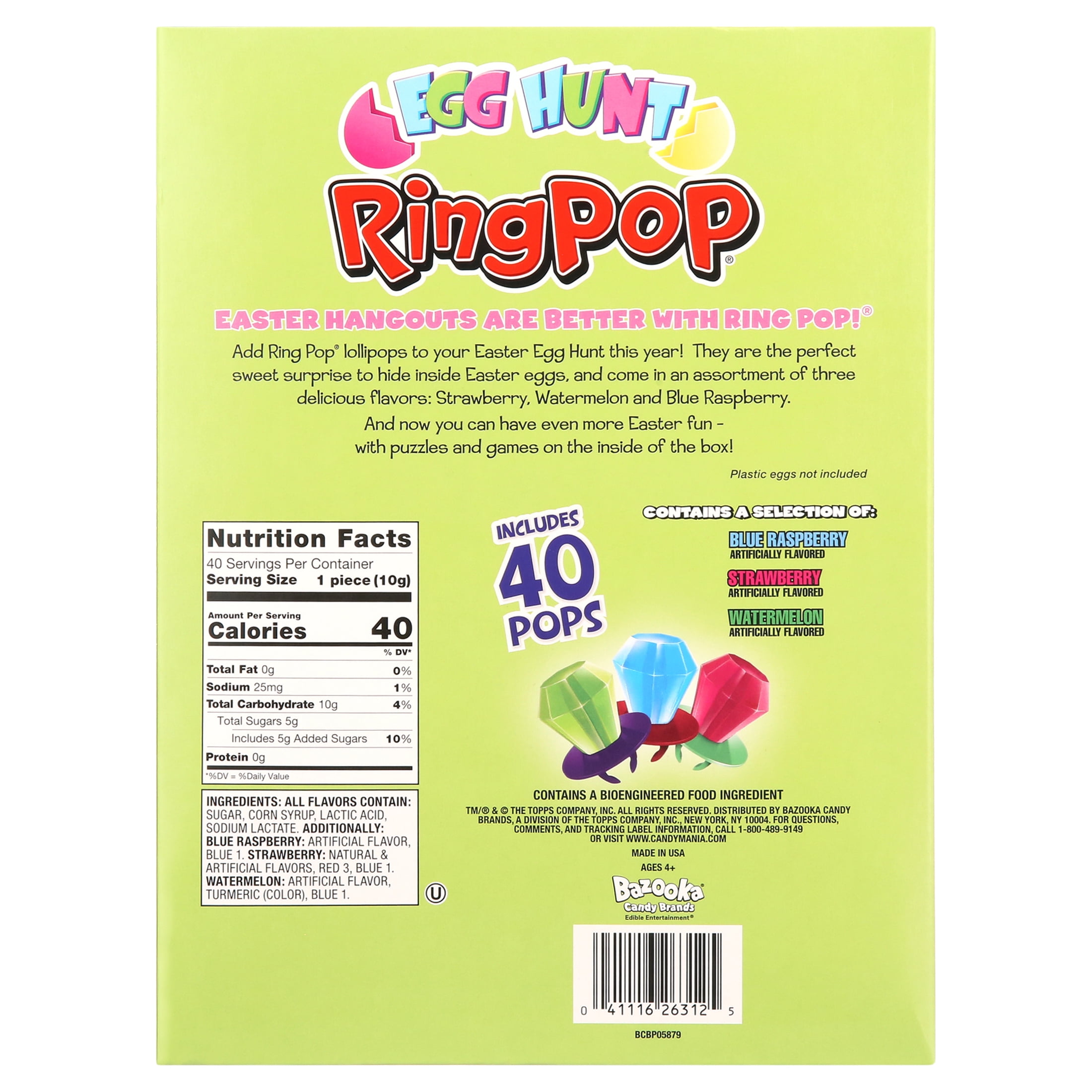 Ring Pop Easter Candy Lollipop Assorted Fruit Flavors, 40 Count Box