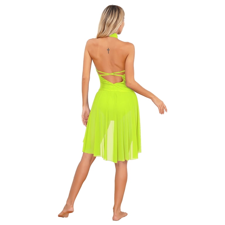 Miutii Womens Sleeveless Cross Front Ruched Mesh Splice Leotard Figure Ice  Skating Dress Lyrical Fluorescent Yellow XXL - Walmart.com