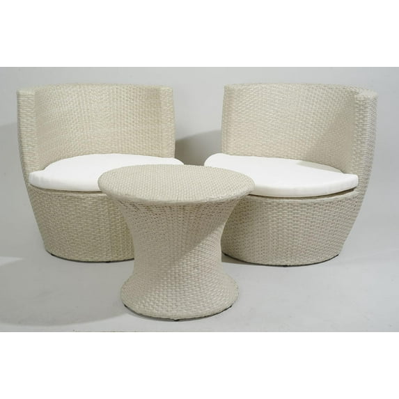 3-Piece Beige Outdoor Patio Resin Wicker Chair and Table Set - Off-White Cushions